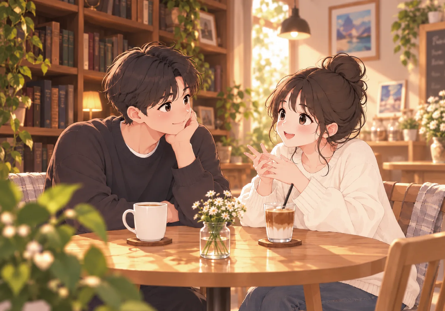 카페에서 마주 앉아 편안하게 대화하는 두 사람