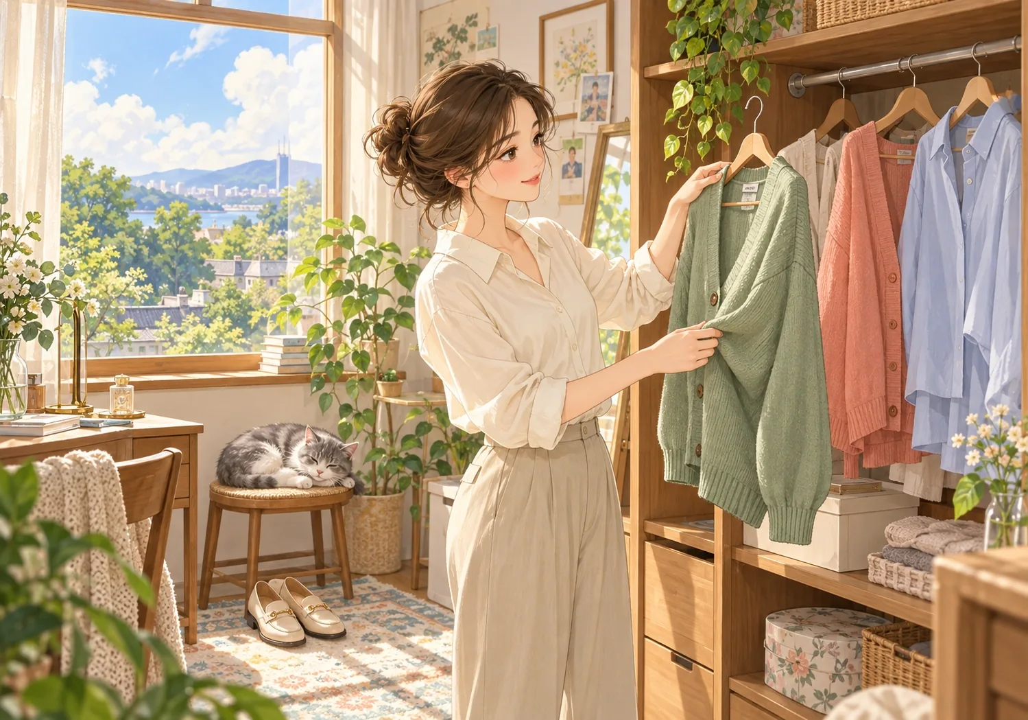 햇살 드는 창가에서 초록 카디건과 오늘 입을 옷을 고르는 여성